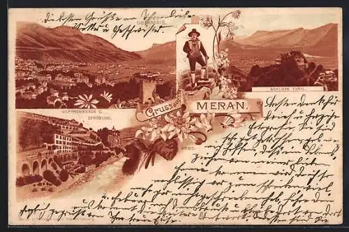 Lithographie Meran, Obermais, Gilfpromenade u. Zenoburg, Schloss Tirol