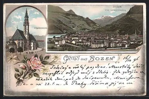 Lithographie Bozen, Pfarrkirche, Ortsansicht vom Calvarienberg