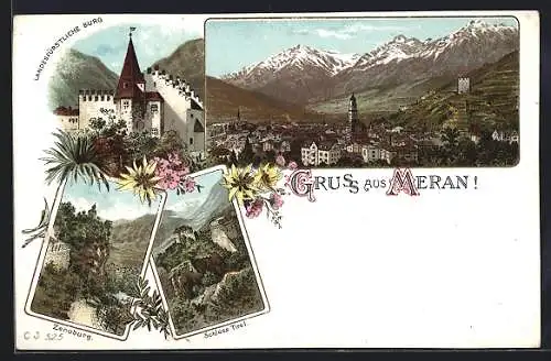 Lithographie Meran, Landesfürstliche Burg, Zenoburg, Schloss Tirol, Ortsansicht