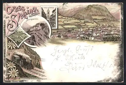 Lithographie Sterzing, Schloss Reibenstein, Eisenbahn im Tunnel, Strasse im Sterzing