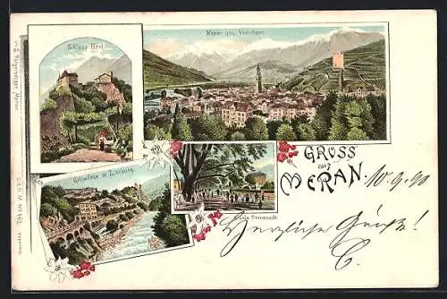 Lithographie Meran, Schloss Tirol, Gilfanlage mit Zenoburg, Gisela Promenade