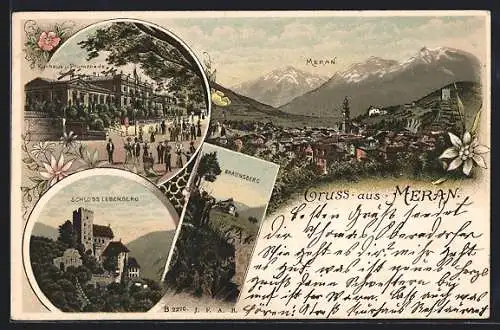 Lithographie Meran, Kurhaus mit Promenade, Schloss Lebenberg, Braunsberg, Ortsansicht