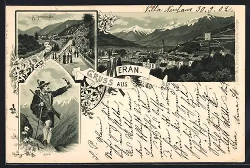 Lithographie Meran, Gilfpromenade, Panorama