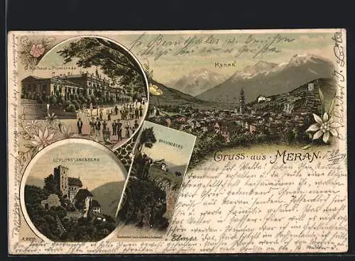 Lithographie Meran, Kurhaus u. Promenade, Schloss Lebenberg, Braunsberg