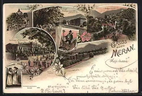 Lithographie Meran, Zenoburg, Kurhaus und Promenade, Giselapromenade mit Hotel Meraner Hof, Wandelhalle