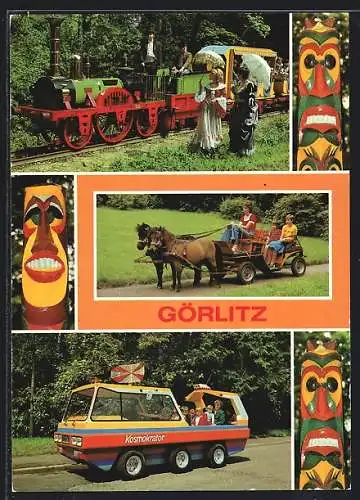 AK Görlitz, Park der Thälmann-Pioniere, Oldtimer-Pioniereisenbahn, Ponygespann Tanja und Karino, Mondauto Kosmokrator