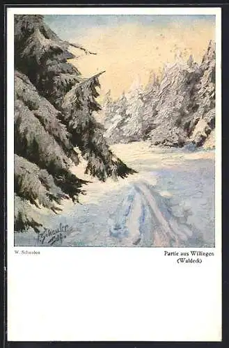 Künstler-AK Willingen /Waldeck, Partie im Winterwald