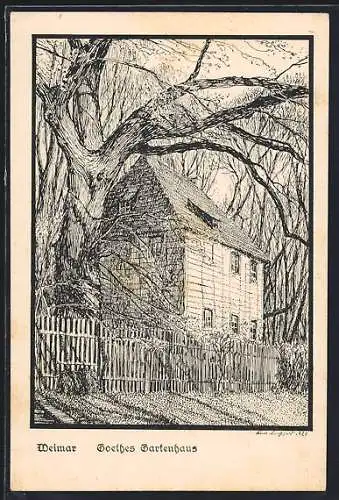 Künstler-AK Weimar / Thüringen, Blick auf Goethes Gartenhaus