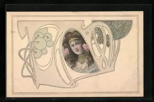 AK Junge Frau mit Kopfschmuck, Ornament, Jugendstil