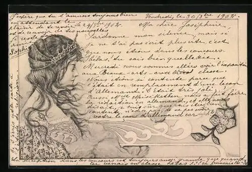 Künstler-AK Eine junge Frau mit einem Diadem, Jugendstil