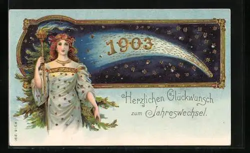 AK Glückwunsch zum Jahr 1903 mit Sternen und Frau im Sternenkleid