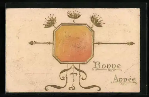 AK Konterfei einer jungen Frau im Jugendstil-Rahmen, Neujahrskarte