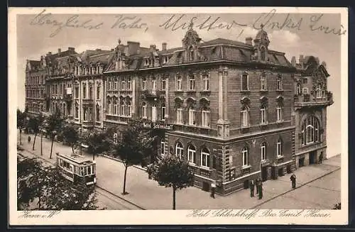 AK Herne i. W., Hotel Schlenkhoff E. Hasse mit Strassenbahn aus der Vogelschau