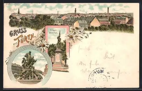 Lithographie Fürth, Teilansicht, Kunstbrunnen, Kriegerdenkmal