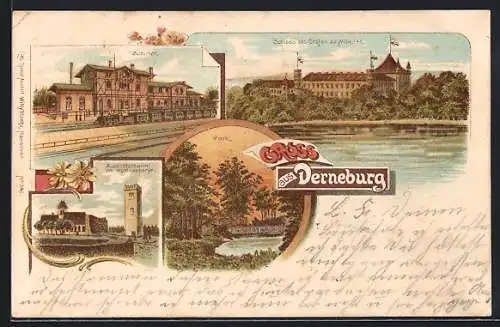 Lithographie Derneburg, Bahnhof, Schloss des Grafen zu Münster, Wohldenberg-Aussichtsturm