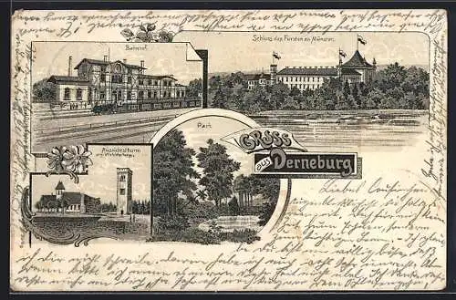 Lithographie Derneburg, Bahnhof, Wohldenberg-Aussichtsturm, Park, Fürstenschloss