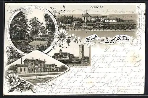 Lithographie Derneburg, Bahnhof, Wohldenberg-Aussichtsturm, Waldparthie, Schloss