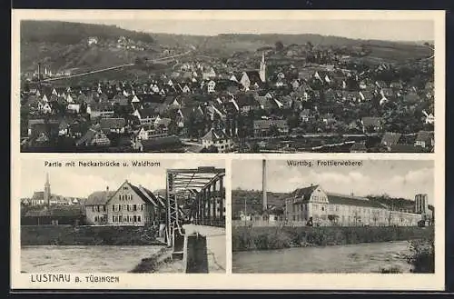 AK Lustnau bei Tübingen, Frottierweberei, Neckarbrücke und Waldhorn, Gesamtansicht