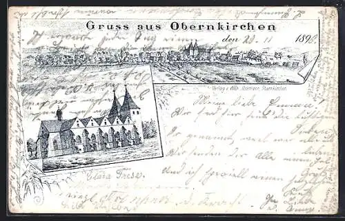 Lithographie Obernkirchen, Kirche, Ortspanorama mit Feldern