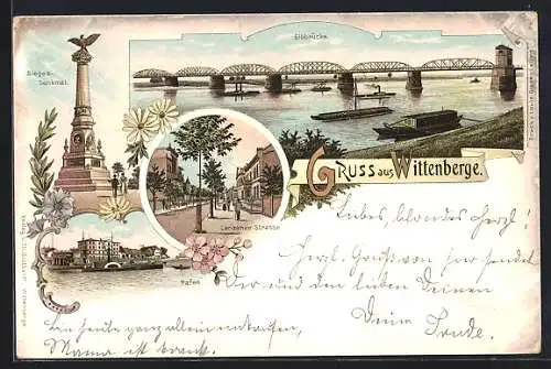 Lithographie Wittenberge, Sieges-Denkmal, Elbbrücke, Lenzener Strasse, Hafen