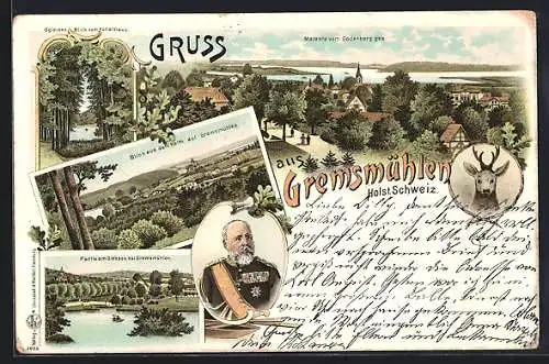 Lithographie Gremsmühlen / Holst. Schweiz, Malente vom Godenberg, Blick aus dem Holm, Partie am Dieksee