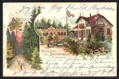 Lithographie Hildesheim, Restaurant zum Brockenblick mit Garten, Waldweg