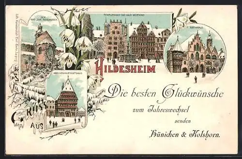 Winter-Lithographie Hildesheim, Templerhaus und Haus Wedekind, Rathaus, Der 1000 jähr. Rosenstock