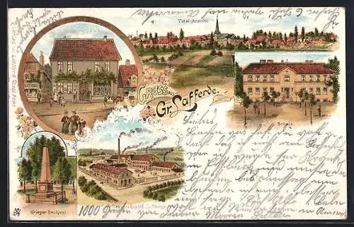 Lithographie Gr. Lafferde, Geschäftshaus Mayer, Conservenfabrik, Kriegerdenkmal, Totalansicht