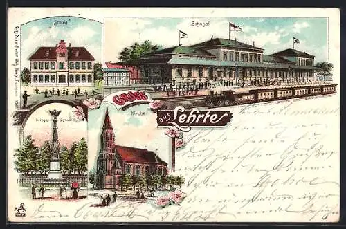 Lithographie Lehrte, Bahnhof mit Personenzug, Schule, Kriegerdenkmal, Schule