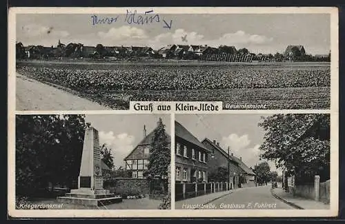 AK Klein-Ilsede, Hauptstrasse mit Gasthaus F. Fuhlrott, Kriegerdenkmal, Gesamtansicht