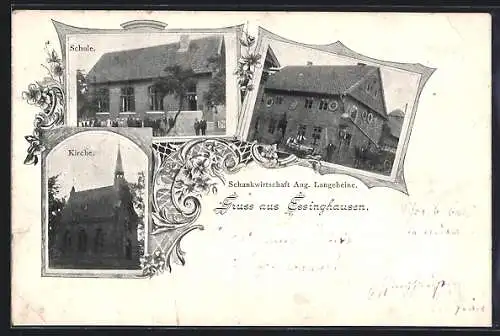 AK Essinghausen / Peine, Gasthaus Aug. Langeheine, Schule u. Kirche