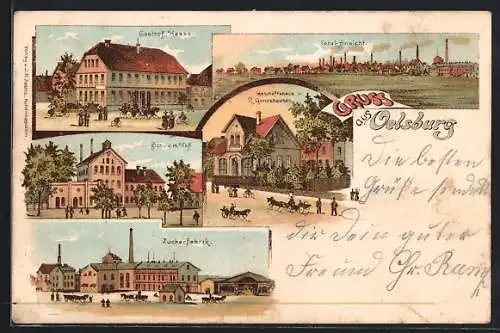 Lithographie Oelsburg, Gasthof Hesse, Zuckerfabrik, Geschäftshaus R. Garmshausen, Totalansicht