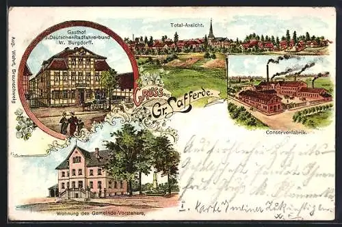 Lithographie Gr. Lafferde, Conservenfabrik, Gasthof z. Deutschen Radfahrerbund W. Burgdorff, Wohnung Gemeindevorsteher