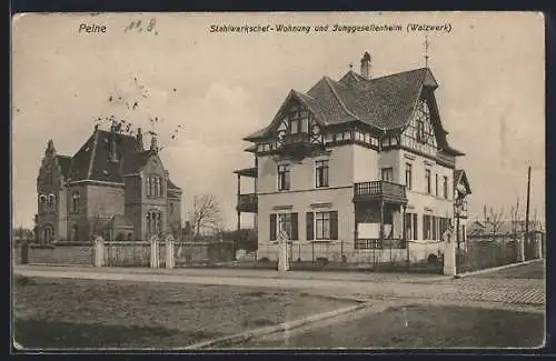 AK Peine, Stahlwerk-Chefwohnung und Junggesellenheim (Walzwerk) mit Strasse