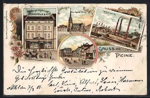 Lithographie Peine, Hamburger Engros-Lager H. Herzfeld & Co., Walzwerk, Bahnhofstrasse