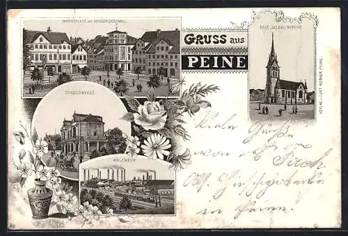 Lithographie Peine, Marktplatz mit Kriegerdenkmal, Neue Jacobi-Kirche, Gasthaus Schützenhaus