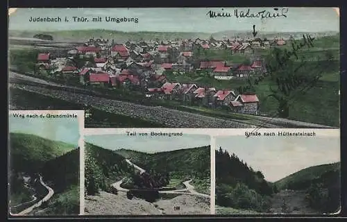 AK Judenbach i. Thür., Weg nach d. Grundmühle, Strasse nach Hüttensteinach, Teil von Bockesgrund