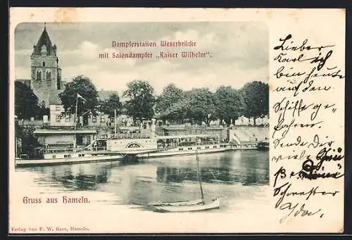 AK Hameln, Dampferstation Weserbrücke mit Salondampfer Kaiser Wilhelm