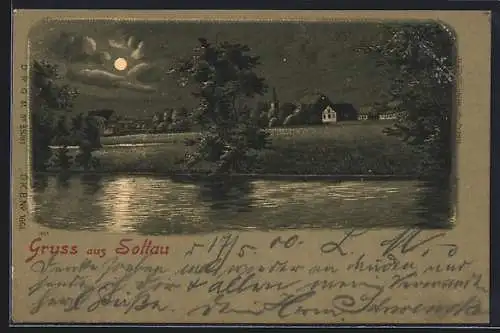 Mondschein-Lithographie Soltau, Ortsansicht mit Uferpartie
