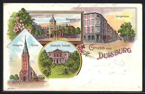 Lithographie Duisburg, Burgplatz, Josephskirche, Städtische Turnhalle, Königstrasse