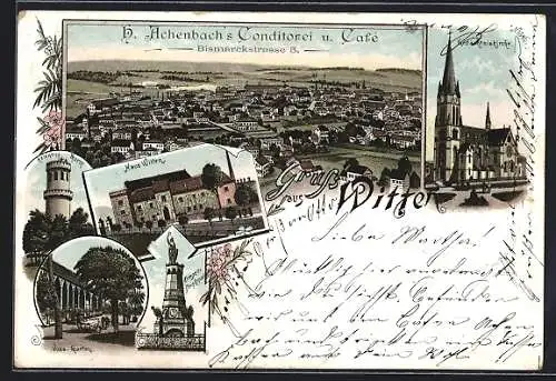 Lithographie Witten, Totalansicht, Gedächtniskirche, Kriegerdenkmal