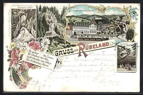 Lithographie Rübeland /Harz, Hotel zur grünen Tanne, Hermann`s Höhle