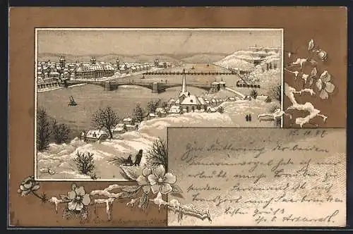 Winter-Lithographie Koblenz, Stadtansicht mit Flusspartie im Schnee