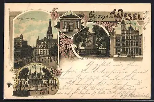 Lithographie Wesel / Rhein, Marktplatz mit Kirche, Schützenplatz, Rathhaus, Denkmal der 11 Schill`schen Offiziere