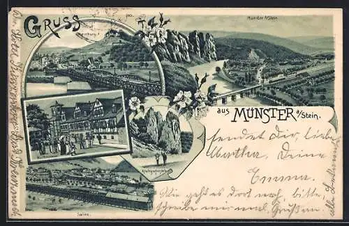 Lithographie Münster a. Stein, Saline, Kurbrunnen, Rheingrafenstein