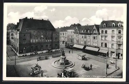 AK Köln-Kalk, Hauptstrasse und Postamt aus der Vogelschau, Kioske, Denkmal