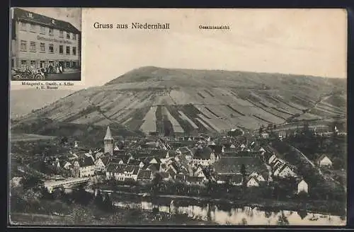 AK Niedernhall, Gasthof zum Adler-Metzgerei K. Bauer, Gesamtansicht mit Brücke und Feldern aus der Vogelschau