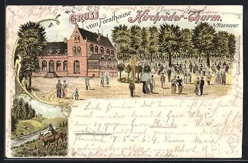 Lithographie Hannover, Gasthaus Forsthaus Kirchröder-Turm mit Gartenlokal, Rehe