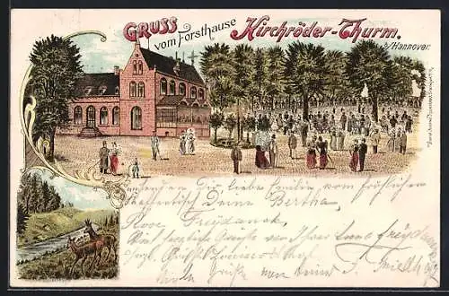 Lithographie Hannover, Gasthaus Forsthaus Kirchröder-Turm mit Gartenlokal, Rehe