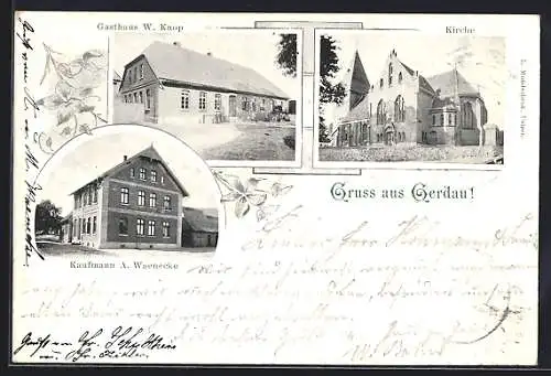 AK Gerdau, Gasthaus W. Knop, Kaufmann A. Waenecke, Kirche